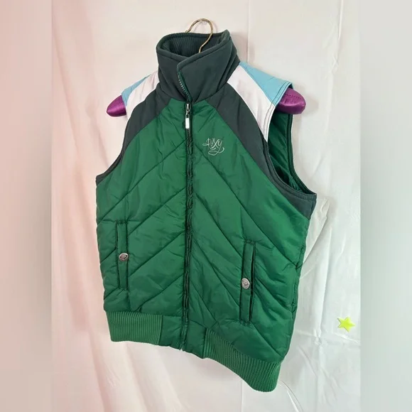 Y2K Roxy Green White and Blue Puffer Vest Women’s Size M - Picture 3 of 12